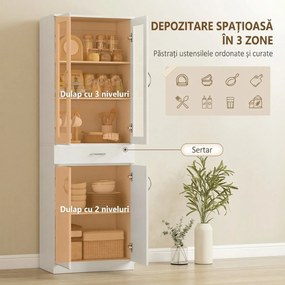 HOMCOM Dulap de Bucătărie Înalt 180 cm cu Uși din Sticlă Soft-Close, Sertar și 2 Dulapuri, Polițe Reglabile, Alb | Aosom Romania