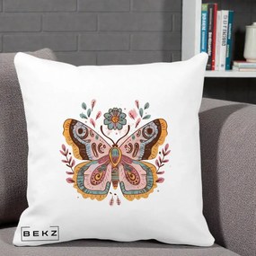 Perna Decorativa Fluture Boho Floral, 40x40 cm, Alba Mata, Husa Detasabila, Perna Inclusa, BEKZ®