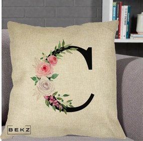 Cadou Personalizat - Perna Personalizata Monograma Florala Litera C, 40x40 cm, Crem, Husa Detasabila, Perna Inclusa, BEKZ®