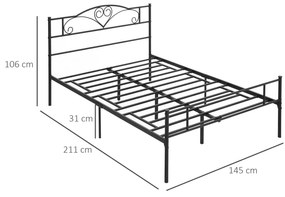 Cadru de Pat de o Persoana, mai mare HOMCOM din Otel 140x200cm, Sipci Integrate si Tablie cap, Spatiu Inferior pentru Cutii, Negru