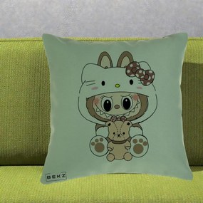 Perna Personalizata Labubu x Hello Kitty Maro-Vintage, 40x40 cm, Verde, Husa Detasabila, Perna Inclusa, BEKZ®
