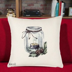 Perna Decorativa Felinar cu Lumanare si Conuri, 40x40 cm, Crem Reliefat, Husa Detasabila, Perna Inclusa, BEKZ®