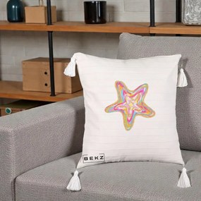 Perna Decorativa Stea de Mare Neon Curcubeu, 40x40 cm, Bej cu Franjuri, Husa Detasabila, Perna Inclusa, BEKZ®