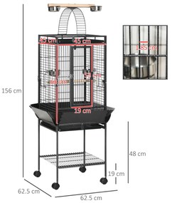 PawHut Colivie pentru Perusi cu 2 Stinghii de Lemn si Scara Acuita, Cusca pentru Pasari din Otel cu Intrari Multiple, 62.5x62.5x156 cm, Gri