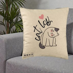 Perna Personalizata Cat Lover Pisica Ilustratie Linie, 40x40 cm, Bej, Husa Detasabila, Perna Inclusa, BEKZ®