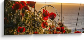 Tablou cu apus de soare cu flori de maci (cu ceas) (90x30 cm)