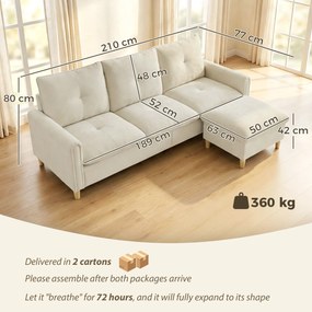 HOMCOM Canapea 3 locuri cu ottoman de depozitare, colțar modular 210 cm, șezut larg, țesătură cu aspect de in, crem | Aosom Romania