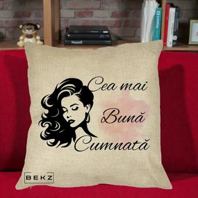 Cadou pentru Cumnata - Perna Personalizata Cea mai Buna Cumnata cu Silueta Dama si Pete Roz, 40x40 cm, Crem, Husa Detasabila, Perna Inclusa, BEKZ®