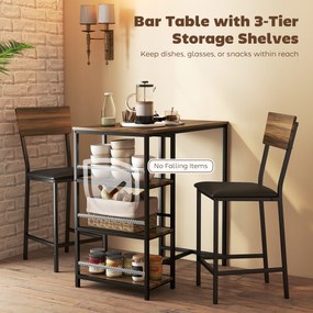 HOMCOM Masă de Bar cu 3 Rafturi și 2 Scaune cu Suport pentru Picioare și Spătar, din Lemn și Oțel, Negru și Nuc | Aosom Romania
