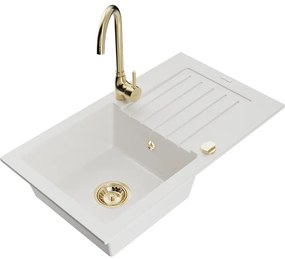 Mexen Pablo chiuvetă de granit cu 1 compartiment cu scurgător și baterie de bucătărie Telma, alb - 6510-20-670200-50