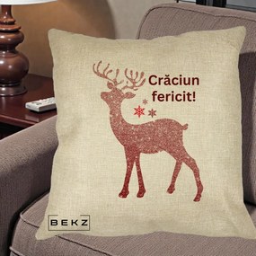 Perna Decorativa Ren Sclipitor Glitter Craciun Fericit, 40x40 cm, Crem, Husa Detasabila, Perna Inclusa, BEKZ®