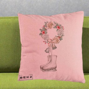 Perna Decorativa Patine cu Coroana Florala de Craciun, 40x40 cm, Roz, Husa Detasabila, Perna Inclusa, BEKZ®