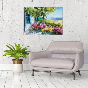 Tablou pe sticlă - Grădina din fața casei, pictură în ulei (70x50 cm)