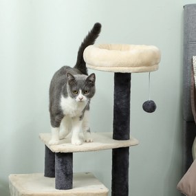 PawHut Arbore zgârietor pentru pisici, înalt de 92 cm, cu căsuță, culcuș, stâlpi din sisal și bila, crem alb | Aosom Romania
