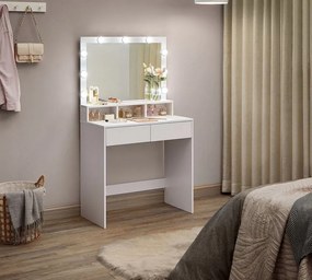 SEA385 - Set Masa toaleta, 80 cm, cosmetica machiaj, oglinda cu LED, masuta vanity - Alb