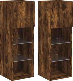 vidaXL Comode TV cu lumini LED, 2 buc., stejar fumuriu, 30,5x30x90 cm