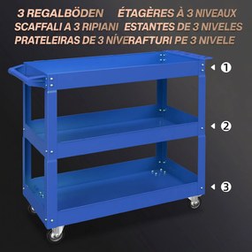 DURHAND Cărucior pentru Scule cu 3 Niveluri din Oțel cu Margini Înalte și 4 Roți Pivotante, 83 x 35.3 x 76 cm, Albastru | Aosom Romania