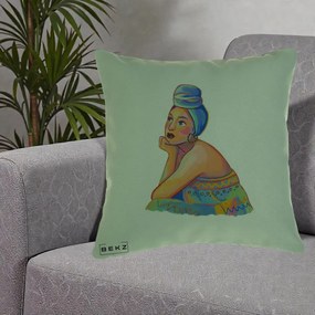 Perna Decorativa Portret Femeie Contemplativa, 40x40 cm, Verde, Husa Detasabila, Perna Inclusa, BEKZ®