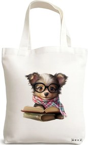 Sacosa de Panza pentru Cumparaturi, Geanta Tote, model Reading puppy 21 38 x 34.5 cm, Alba, BEKZ®