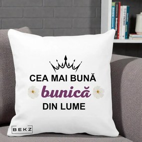 Cadou pentru Bunica - Perna Personalizata Cea Mai Buna Bunica Din Lume Coroana Mov Flori, 40x40 cm, Alba Mata, Husa Detasabila, Perna Inclusa, BEKZ®