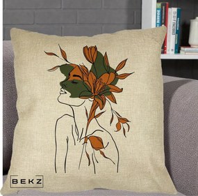 Perna Decorativa Portret Feminin Crin Auriu, 40x40 cm, Crem, Husa Detasabila, Perna Inclusa, BEKZ®