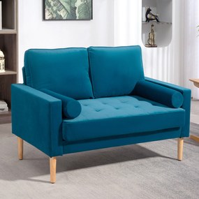 HOMCOM Canapea 2 locuri modernă din catifea de 127 cm cu perne groase, 2 perne și șezut capitonat, albastru | Aosom Romania