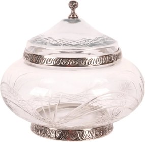 Bombonieră din sticlă gravată și aluminiu, argintie, cu capac, aspect vintage, finisaj antichizat, 21 x 26 cm, „Bonbonnière”