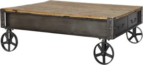 Măsuță de cafea pe roti din metal negru antichizat si blat din lemn masiv natur 122x81x22 cm, stil industrial, „Roulette"