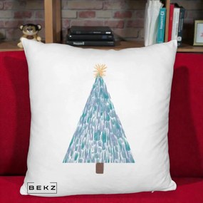 Perna Decorativa Brad de Craciun Acrilic Albastru, 40x40 cm, Alb Pufos, Husa Detasabila, Perna Inclusa, BEKZ®