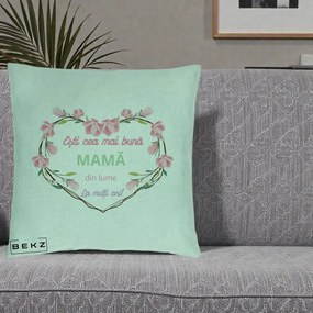 Cadou pentru Mama - Perna Personalizata Esti Cea mai Buna Mama din Lume La Multi Ani cu Inima Florala, 40x40 cm, Verde Menta, Husa Detasabila, Perna Inclusa, BEKZ®