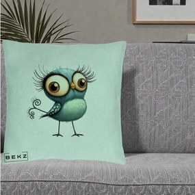 Perna Decorativa Pasare Teal cu Gene si Coada Spiralata, 40x40 cm, Verde Menta, Husa Detasabila, Perna Inclusa, BEKZ®