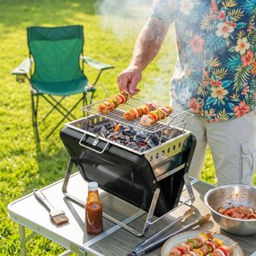 Outsunny Grătar pe cărbune din oțel inoxidabil BBQ Smoker cu grilă, mâner și picioare pliante pentru barbecue camping 40x28x25,5cm Negru | Aosom Romania