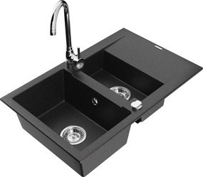 Mexen Gaspar chiuvetă de bucătărie din granit cu 1,5 compartimente cu scurgător și baterie Telma, negru/argintiu