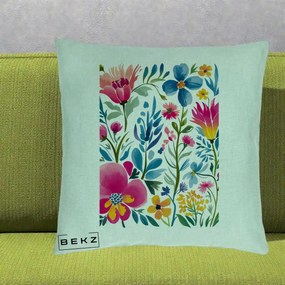 Perna Decorativa Gradina Florala Acuarela Colorata, 40x40 cm, Verde Menta, Husa Detasabila, Perna Inclusa, BEKZ®