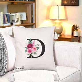 Cadou Personalizat - Perna Personalizata Monograma Florala Litera D, 40x40 cm, Bej cu Franjuri, Husa Detasabila, Perna Inclusa, BEKZ®