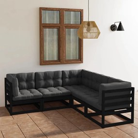 Set mobilier gradina cu perne, 5 piese, lemn masiv pin Negru, 1