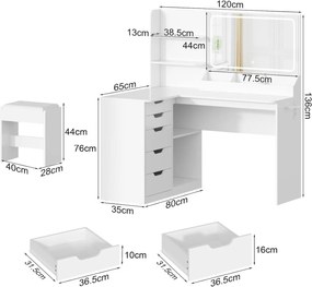 Masuta machiaj cu Oglinda LED si 5 Sertare pentru Cosmetice, Set Masa toaleta 120 cm, Alb, masuta cosmetica, vanity - SEA496