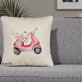 Perna Decorativa Scuter Roz cu Flori Acuarela, 40x40 cm, Bej Canapea, Husa Detasabila, Perna Inclusa, BEKZ®