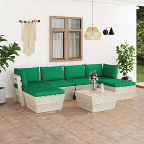 Set mobilier gradina din paleti cu perne, 7 piese, lemn molid Verde, 2x colt + 2x mijloc + masa + 2x suport pentru picioare, 1