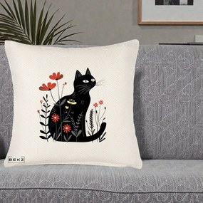 Perna Decorativa Pisica Neagra Flori Rosii Folk, 40x40 cm, Crem Reliefat, Husa Detasabila, Perna Inclusa, BEKZ®