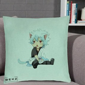 Perna Personalizata Gintama Gintoki Chibi Pisica, 40x40 cm, Verde Menta, Husa Detasabila, Perna Inclusa, BEKZ®