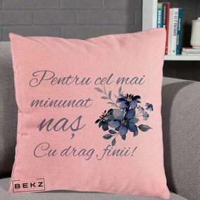 Cadou pentru Nas - Perna Personalizata Pentru Cel mai Minunat Nas Cu drag Finii, 40x40 cm, Roz, Husa Detasabila, Perna Inclusa, BEKZ®
