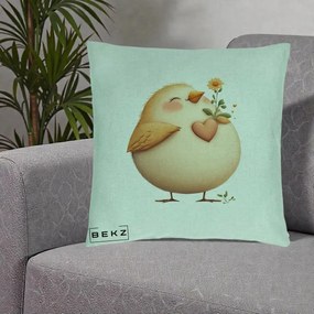 Perna Decorativa Pui cu Inima si Floarea-Soarelui, 40x40 cm, Verde Menta, Husa Detasabila, Perna Inclusa, BEKZ®
