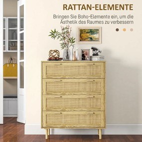 HOMCOM Comodă cu 4 Sertare în Stil Boho, Comodă din Lemn și Ratan pentru Dormitor și Hol, 90x45x108,5 cm, Stejar | Aosom Romania