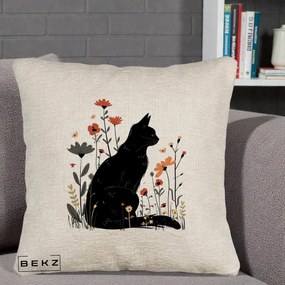 Perna Decorativa Pisica Neagra Profil Flori Portocalii, 40x40 cm, Bej Canapea, Husa Detasabila, Perna Inclusa, BEKZ®