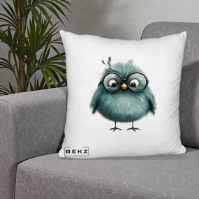 Perna Decorativa Pui Teal cu Ochelari Rotunzi, 40x40 cm, Alb Pufos, Husa Detasabila, Perna Inclusa, BEKZ®