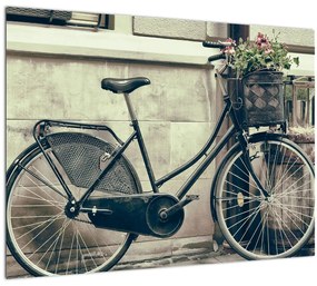 Tablou pe sticlă - Bicicleta de epocă cu flori (70x50 cm)