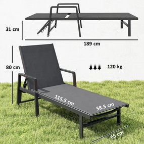Outsunny Șezlong de grădină din textilenă și aluminiu, reglabil în 4 poziții cu roți și brațere, 65x189x80cm, Gri închis | Aosom Romania