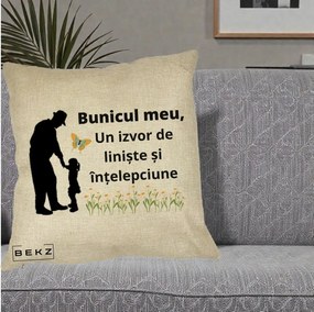 Cadou pentru Bunic - Perna Personalizata Bunicul Meu Izvor de Liniste cu Fluture si Fetita, 40x40 cm, Crem, Husa Detasabila, Perna Inclusa, BEKZ®