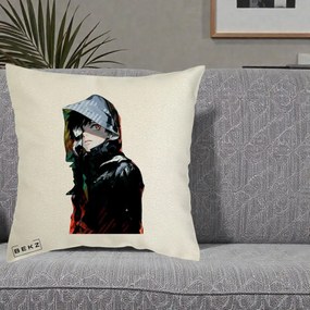 Perna Personalizata Tokyo Ghoul Ken Kaneki cu Masca si Gluga, 40x40 cm, Ecru, Husa Detasabila, Perna Inclusa, BEKZ®